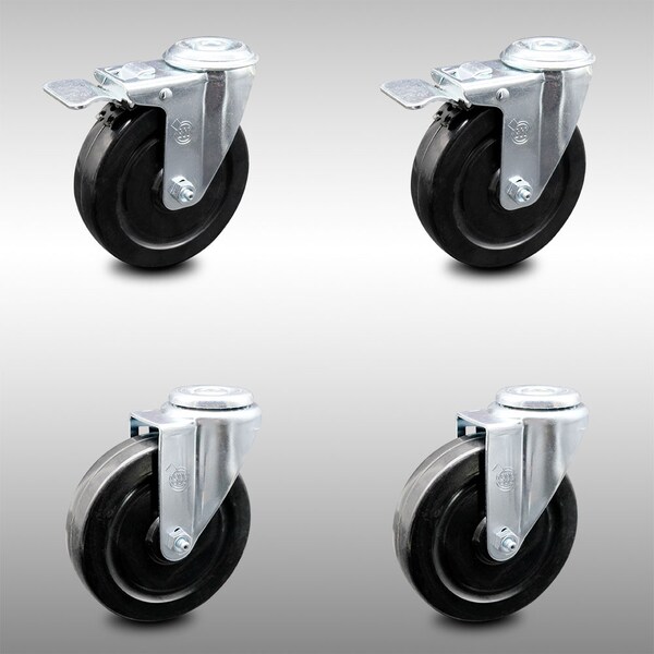 5 Inch SS Hard Rubber Wheel Swivel Bolt Hole Caster Set with 2 Total Lock Brakes